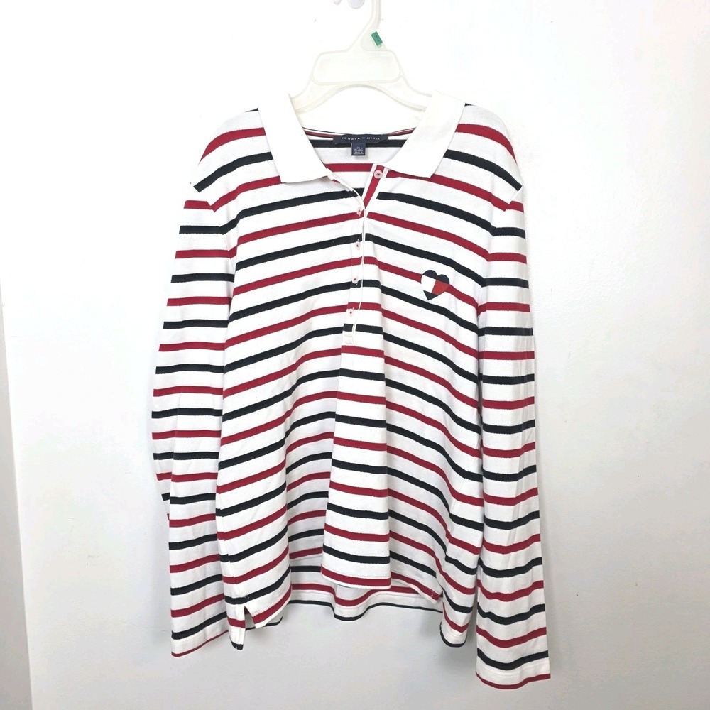 Tommy Hilfiger White Navy Red Striped Preppy Heart Long Sleeve Shirt Size XL‎ - Picture 2 of 7